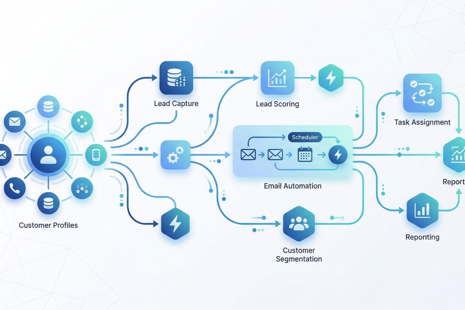 Automatizare CRM - flux de date conectand profiluri clienti la procese automate