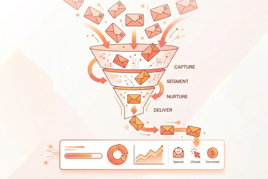 Automatizare email marketing - funnel cu plicuri si metrici de engagement