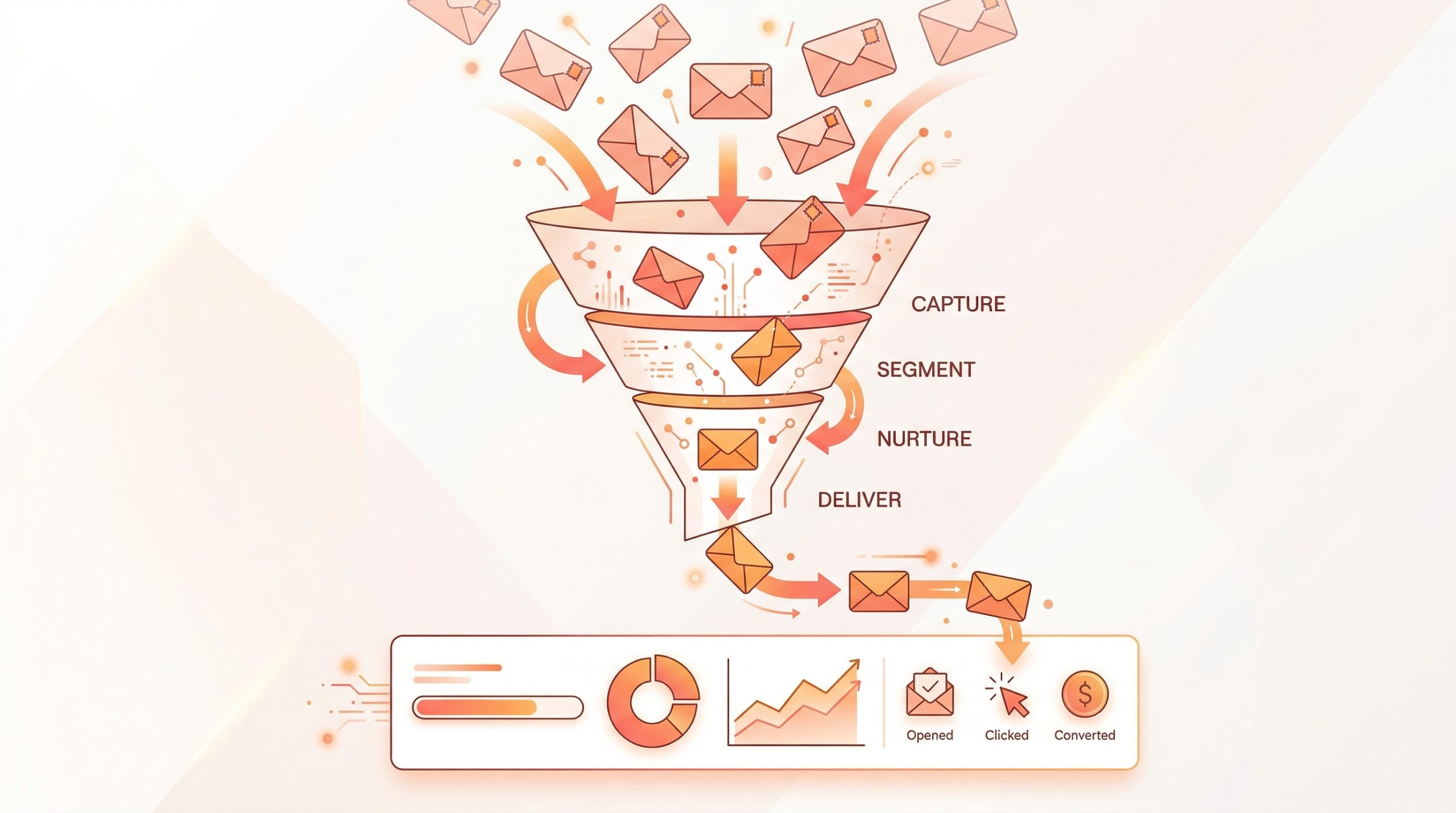 Automatizare email marketing - funnel cu plicuri si metrici de engagement
