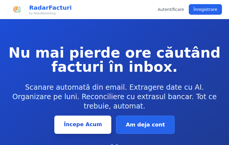 RadarFacturi - automatizare facturi din email, SaaS certificat Google CASA
