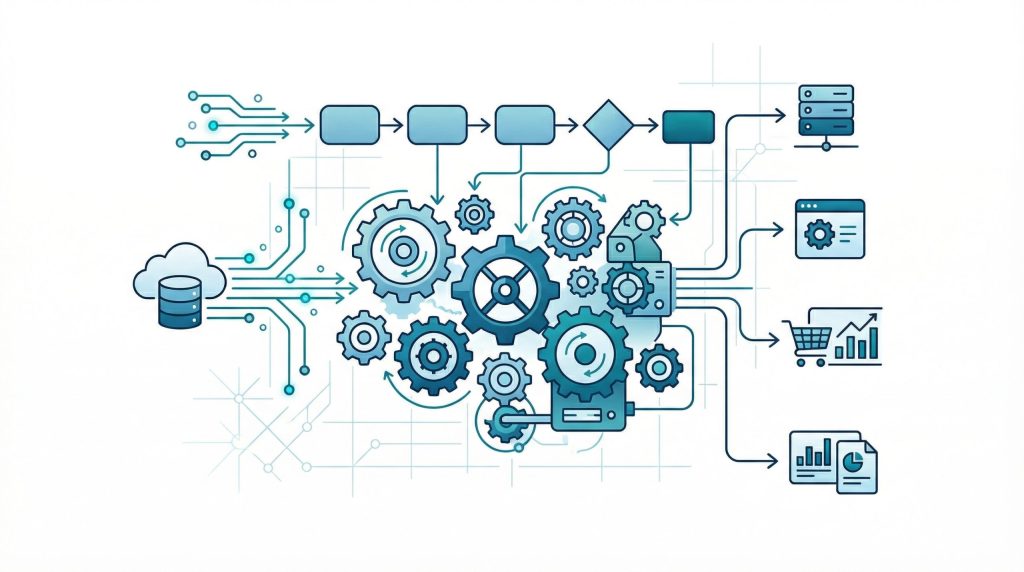 Automatizare procese business Romania - retea de conexiuni digitale reprezentand fluxuri automate intre sisteme