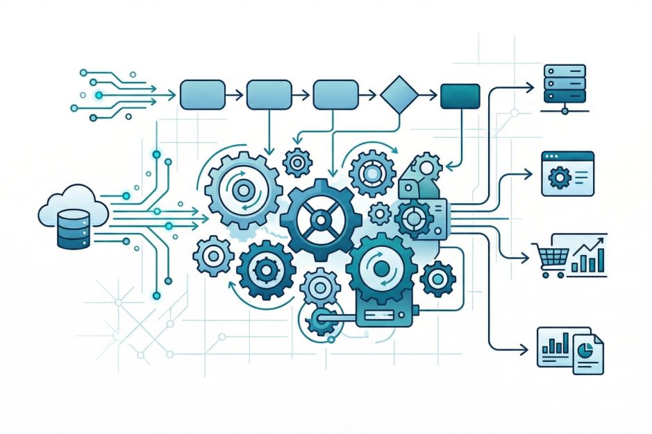 Automatizare procese business Romania - retea de conexiuni digitale reprezentand fluxuri automate intre sisteme