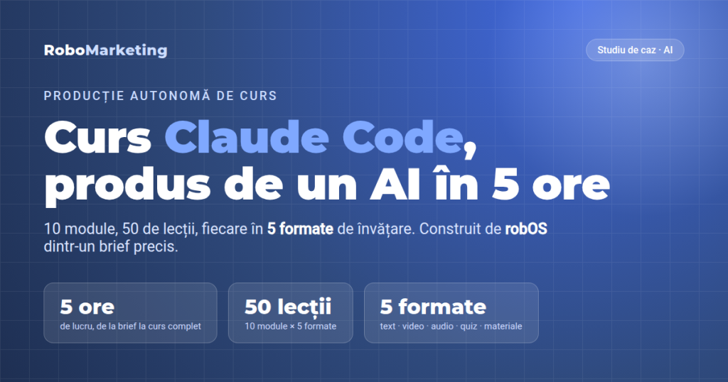 Studiu de caz RoboMarketing: curs Claude Code produs autonom de robOS in 5 ore, 10 module si 50 de lectii