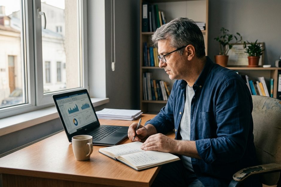 Productivitate AI IMM: patron de firmă mică analizând date de productivitate pe laptop