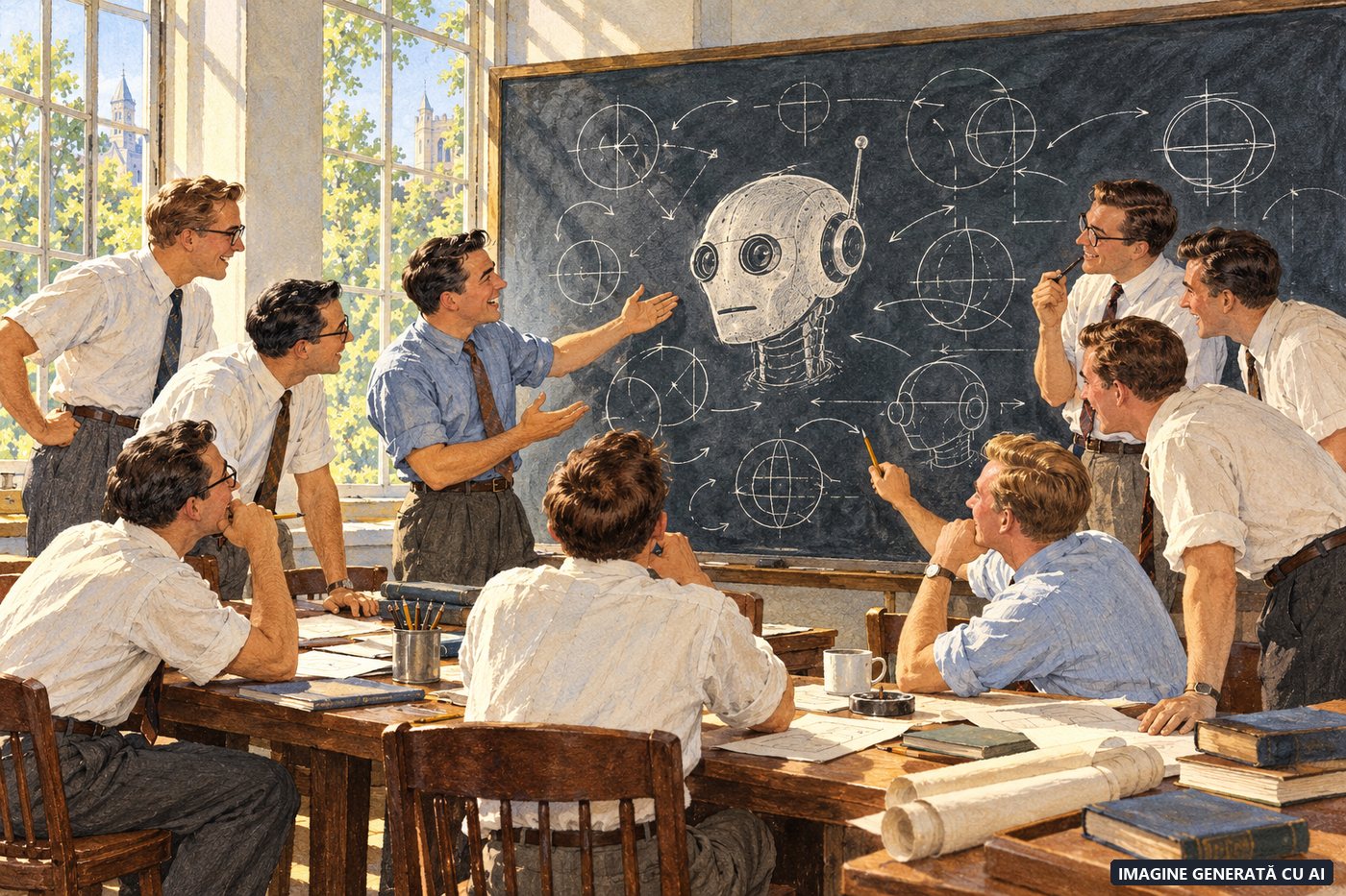 Cercetători în 1956 în jurul unei table pe care e desenat capul unui robot