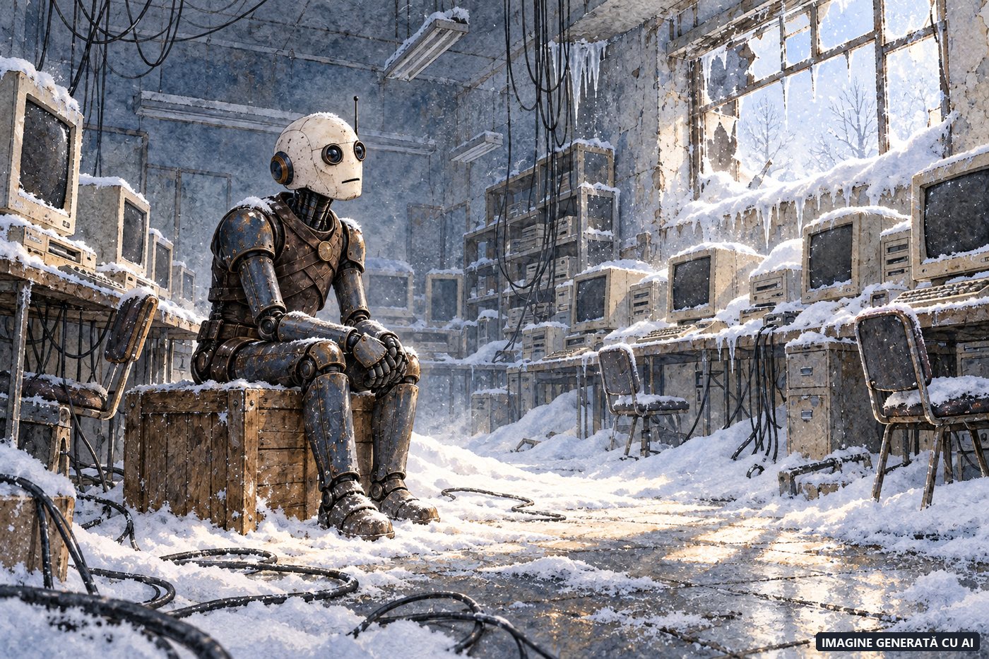 Un robot singur într-un laborator de calculatoare înghețat, iarna AI