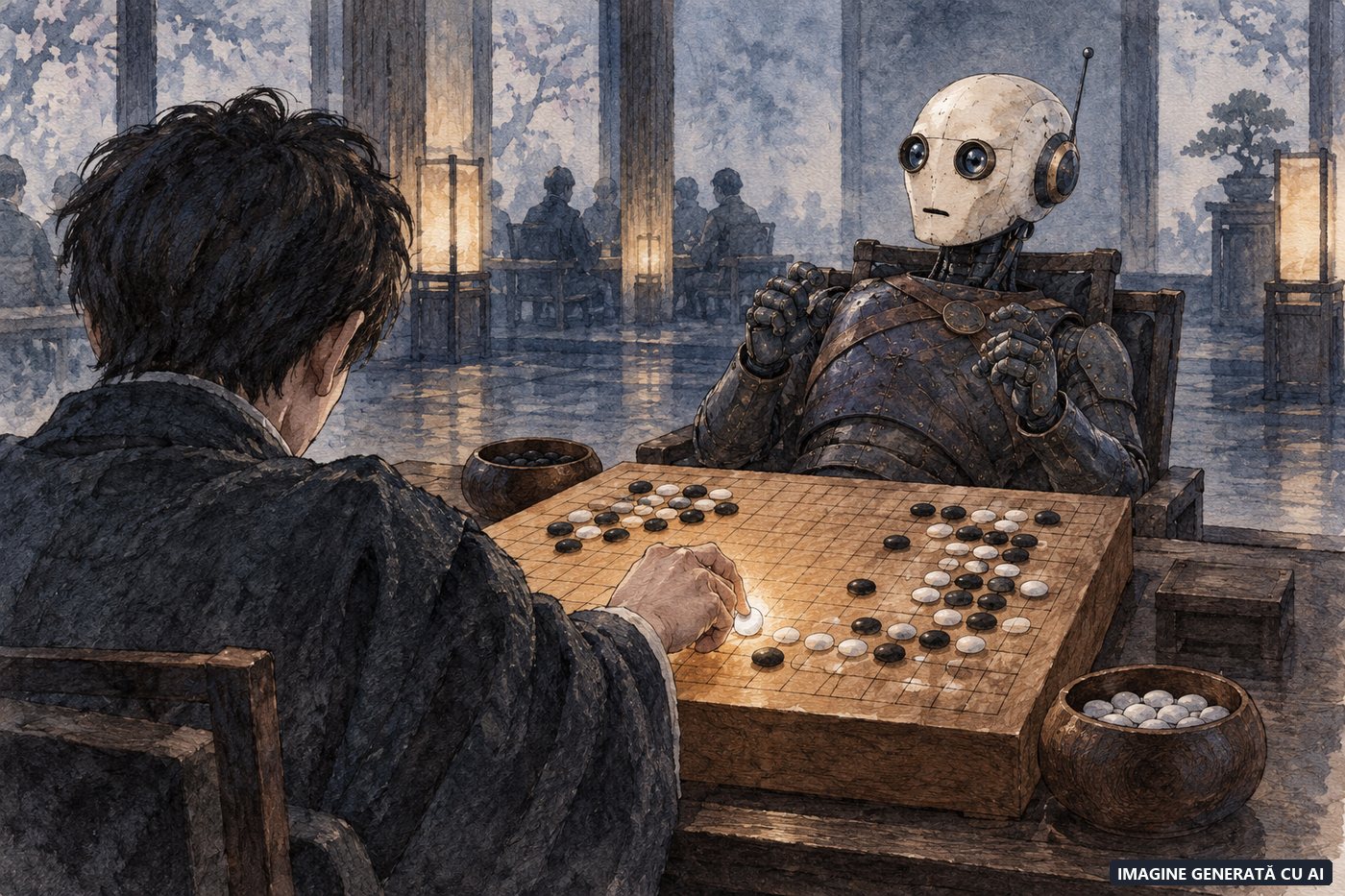 Un om pune o piatră albă pe tabla de go în fața unui robot surprins