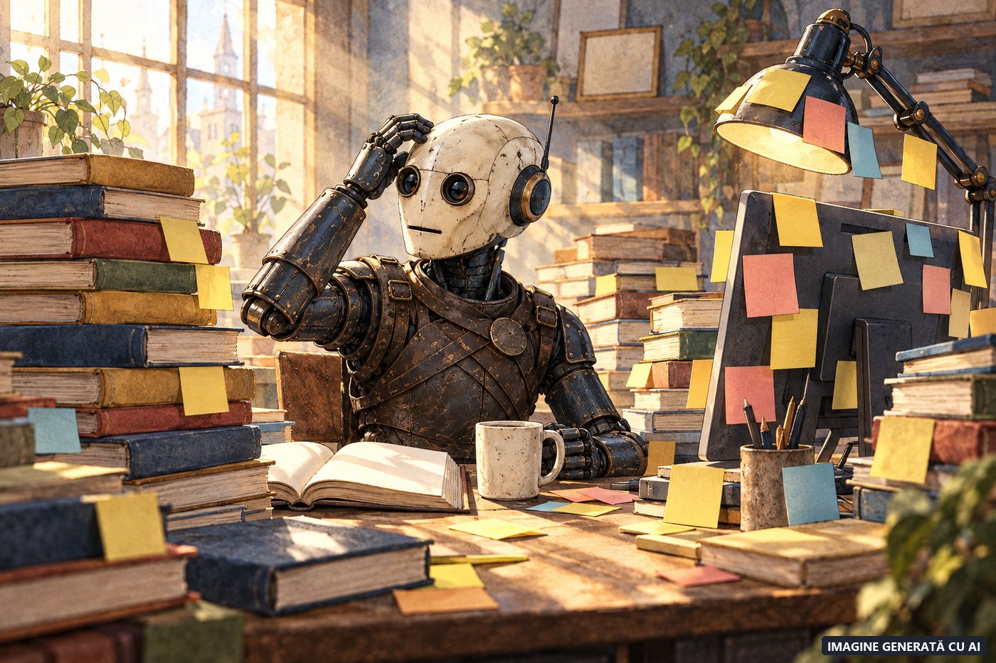 Un robot stagiar nedumerit la un birou plin de cărți și bilețele