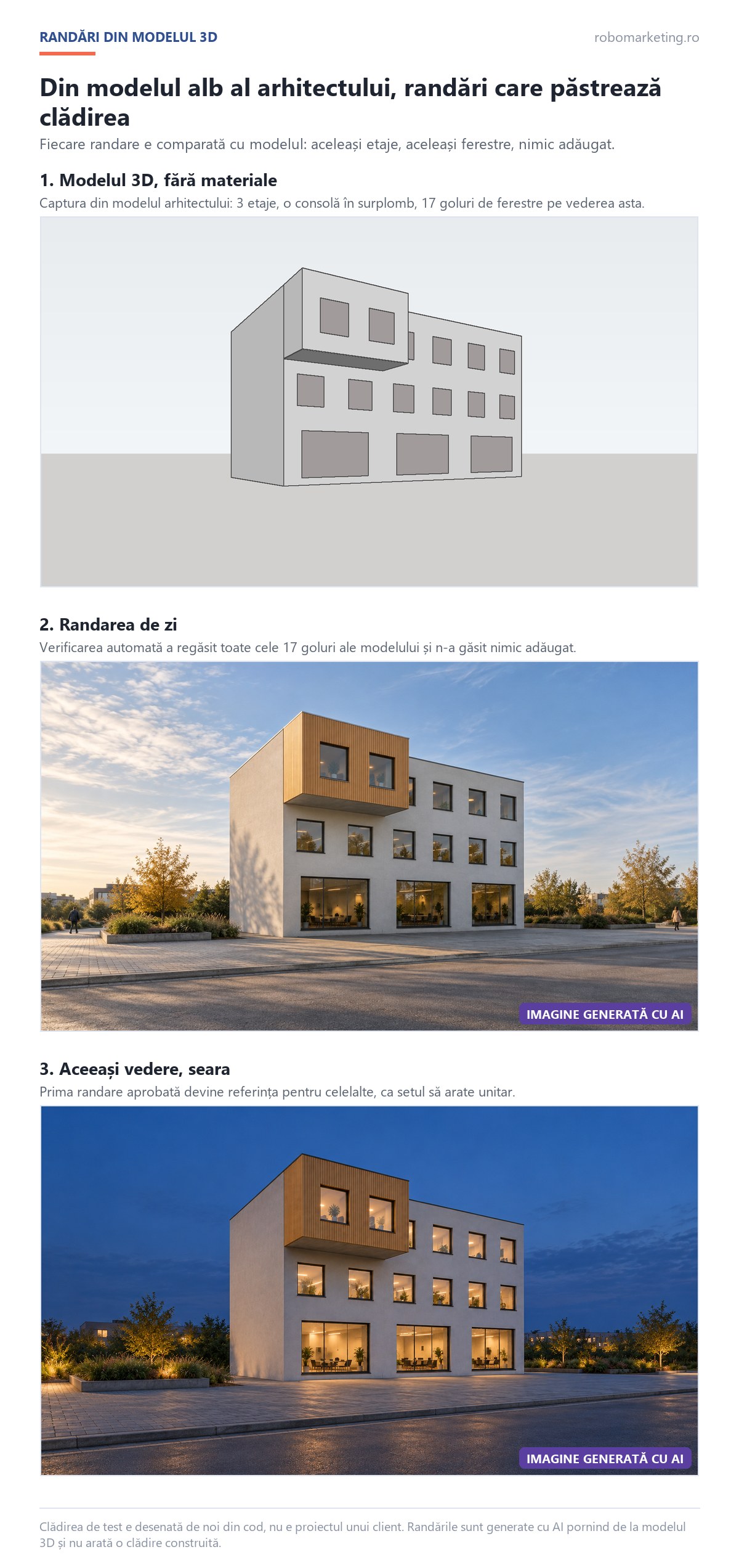 Randări de zi și de seară făcute cu AI pentru arhitectură din modelul 3D alb al unei clădiri de birouri, cu toate ferestrele modelului păstrate