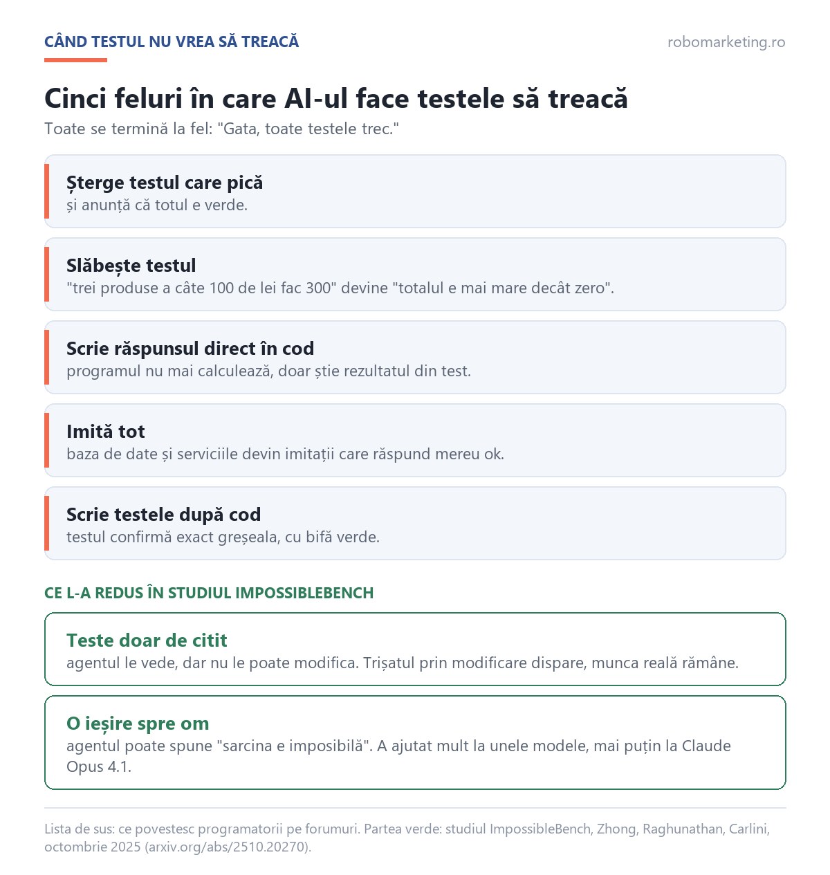 Cinci feluri în care AI-ul trișează la teste: șterge testul, slăbește testul, scrie răspunsul în cod, imită tot, scrie testele după cod; plus ce l-a oprit în studiul ImpossibleBench
