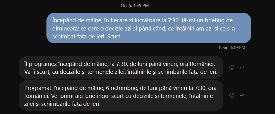 Captură din ChatGPT: prima sarcină, briefingul de dimineață, și cele două răspunsuri ale DOT-ului