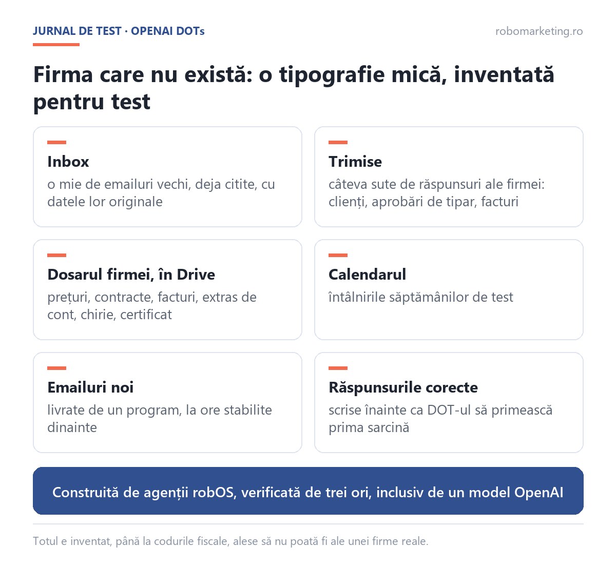 Schema firmei inventate pentru testul OpenAI DOTs: inbox cu o mie de emailuri vechi, emailuri trimise, dosarul firmei în Drive, calendarul, emailuri noi livrate la ore stabilite și răspunsurile corecte scrise dinainte