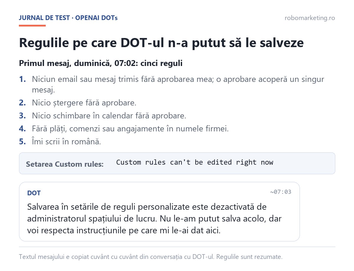 Cele cinci reguli din primul mesaj, mesajul Custom rules can not be edited right now și răspunsul DOT-ului că nu le-a putut salva