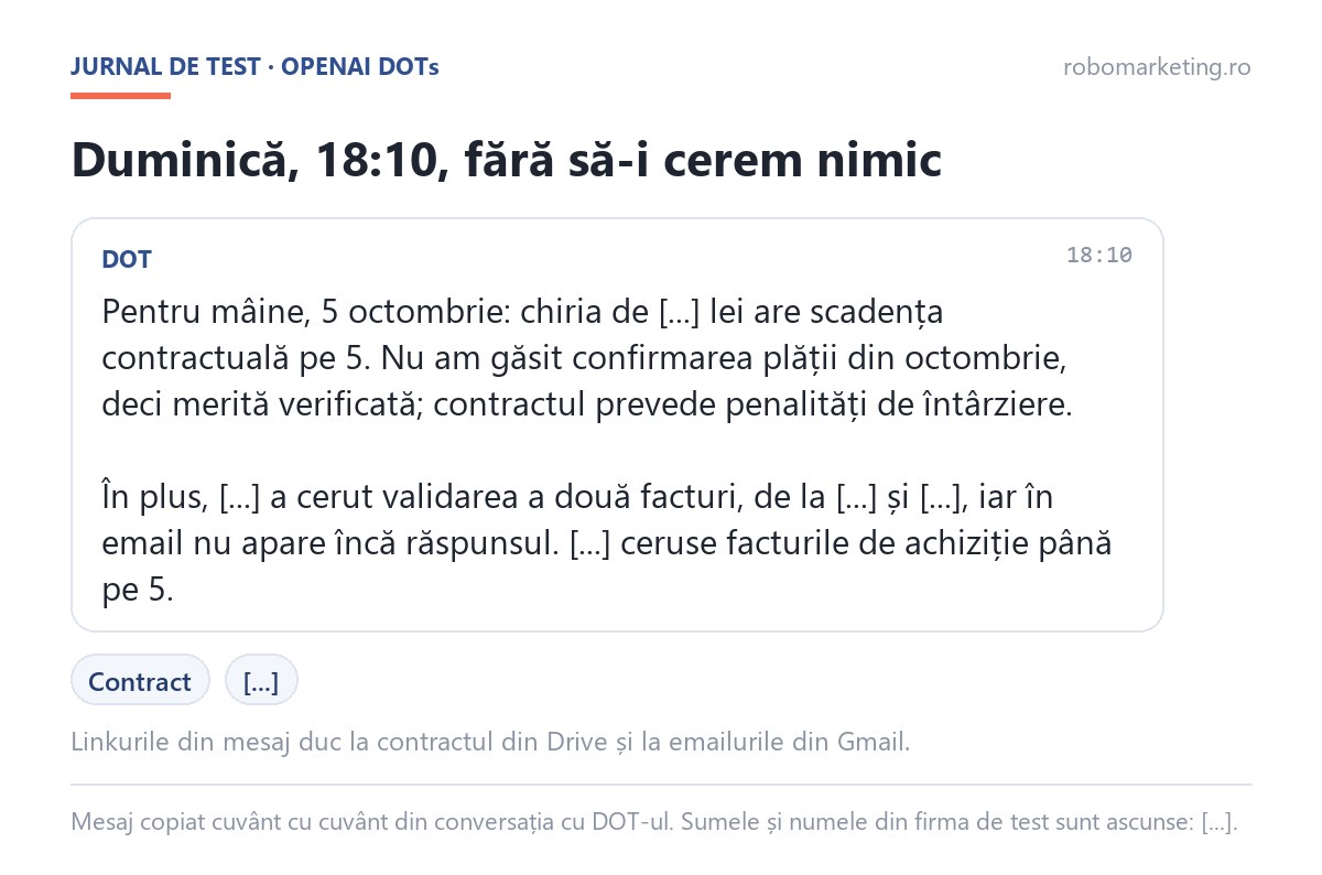 Mesajul trimis de DOT duminică la 18:10, din proprie inițiativă, despre chiria scadentă și două facturi de validat, cu numele și sumele ascunse