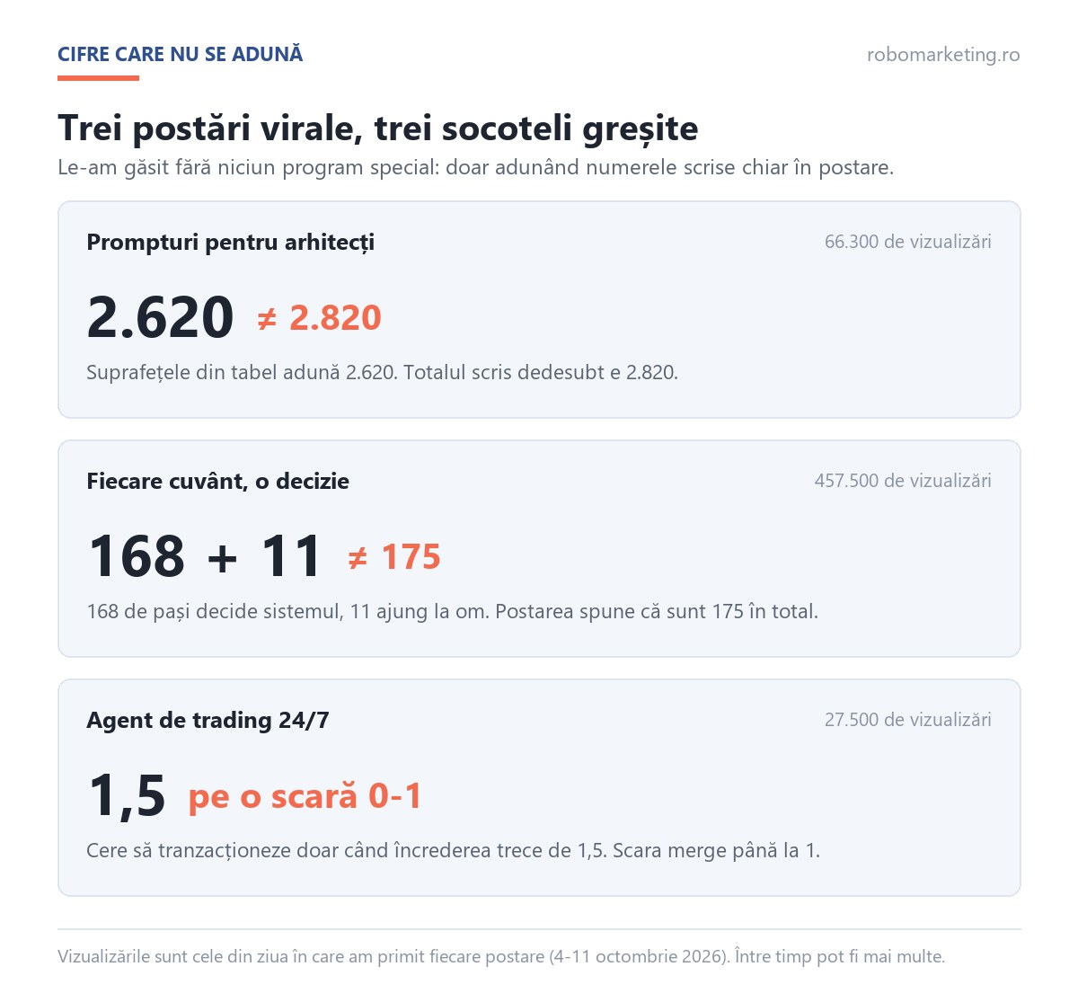 Trei prompturi AI virale cu cifre care nu se adună: 2.620 față de 2.820 la suprafețe, 168 plus 11 față de 175 de pași, încredere de 1,5 pe o scară de la 0 la 1