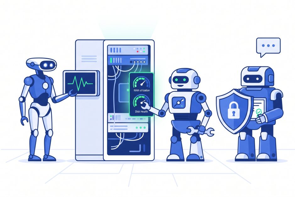 Agenți AI monitorizare server: trei agenți separați pentru uptime, mentenanță și securitate