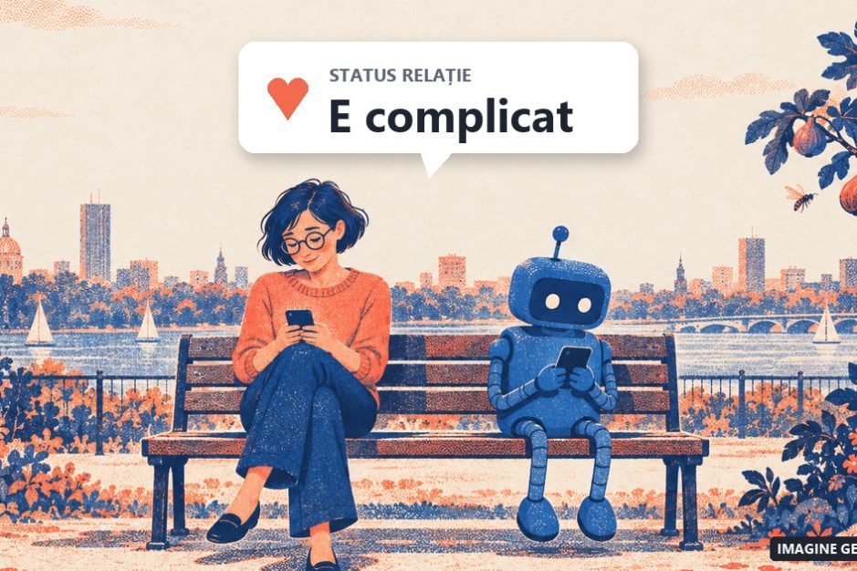 Omul și inteligența artificială: un om și un robot pe o bancă, cu statusul de relație E complicat