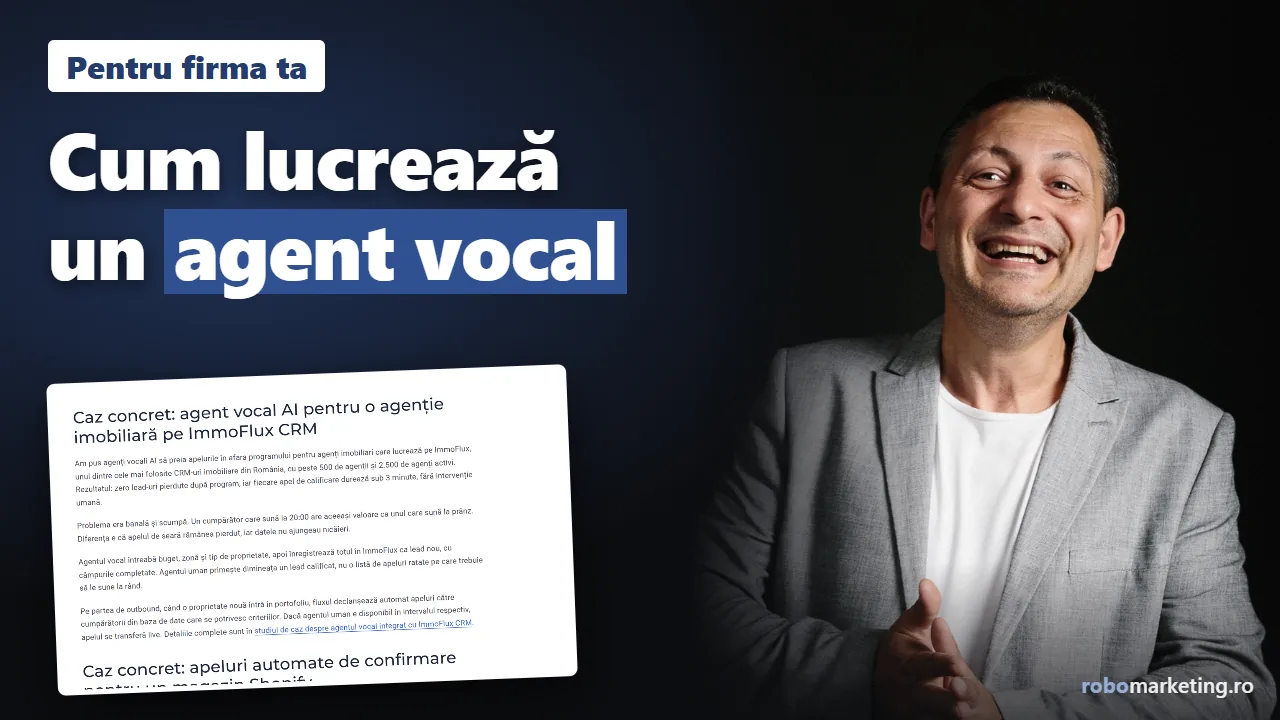 Adrian Ulmeanu lângă o captură din ghidul Agenți vocali AI, cu textul Cum lucrează un agent vocal