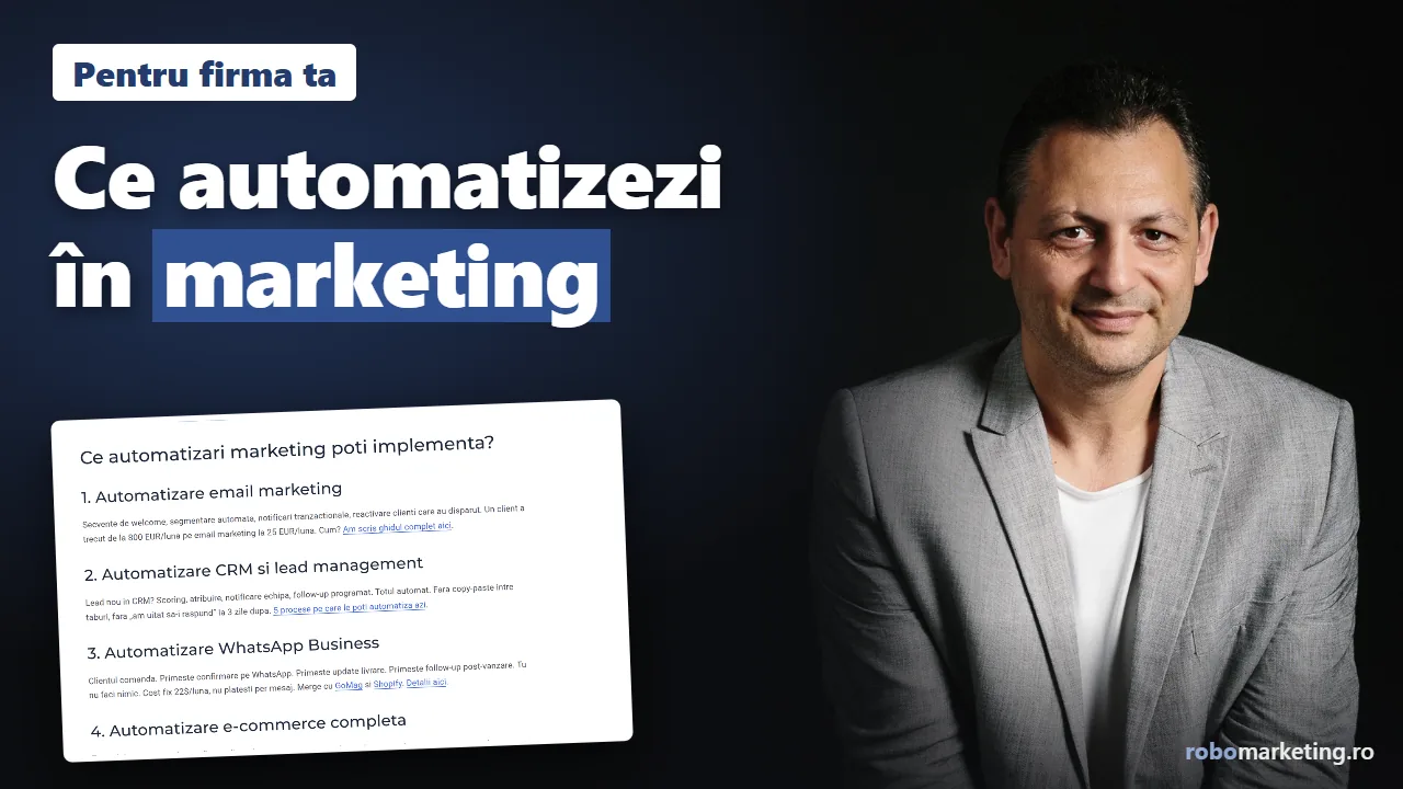 Adrian Ulmeanu lângă o captură din ghidul Automatizări de marketing pentru firme, cu textul Ce automatizezi în marketing