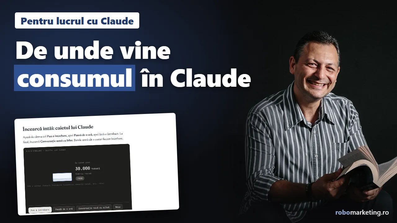 Adrian Ulmeanu lângă simularea din ghidul Consumul în Claude Code, cu textul De unde vine consumul în Claude