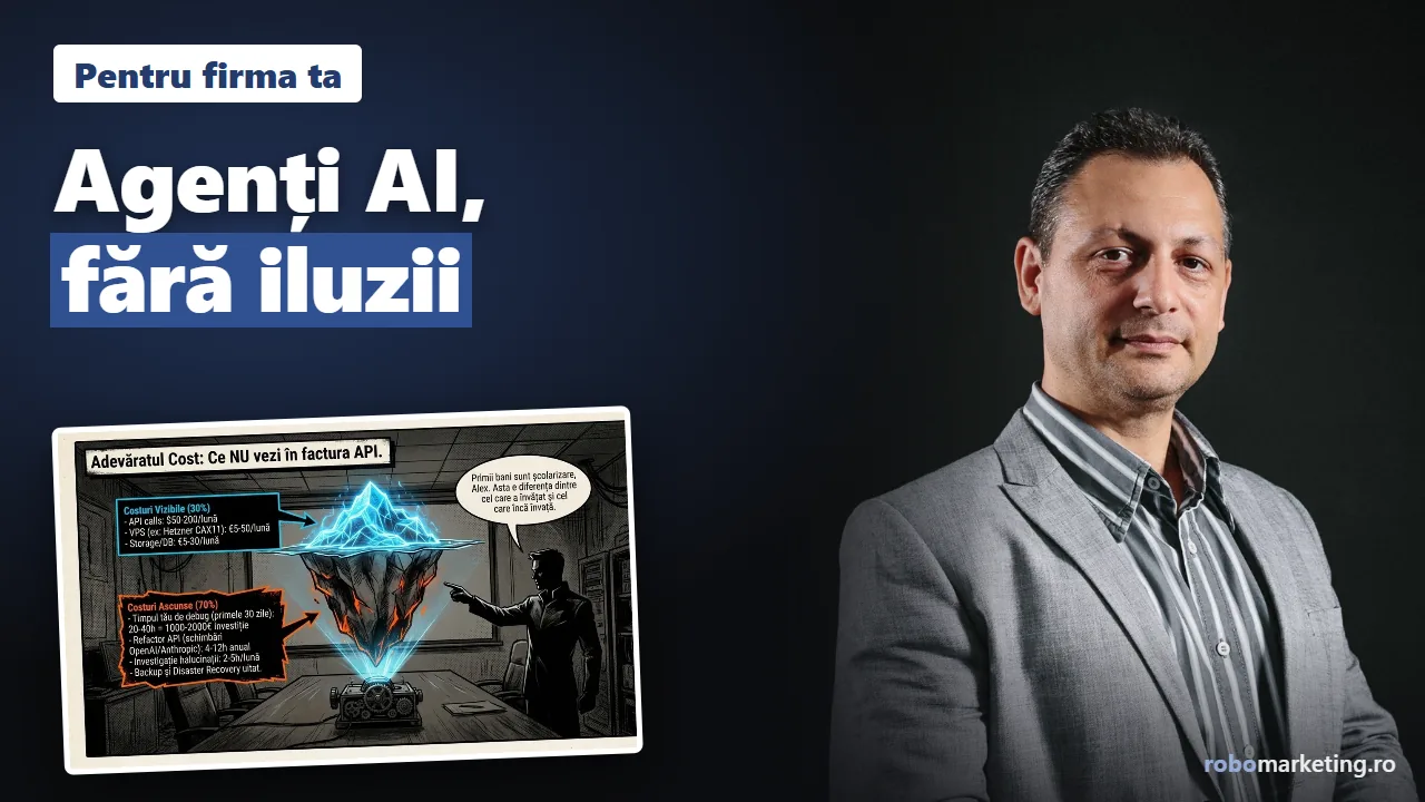Adrian Ulmeanu lângă un panou din banda desenată Dosarul AI, cu textul Agenți AI, fără iluzii