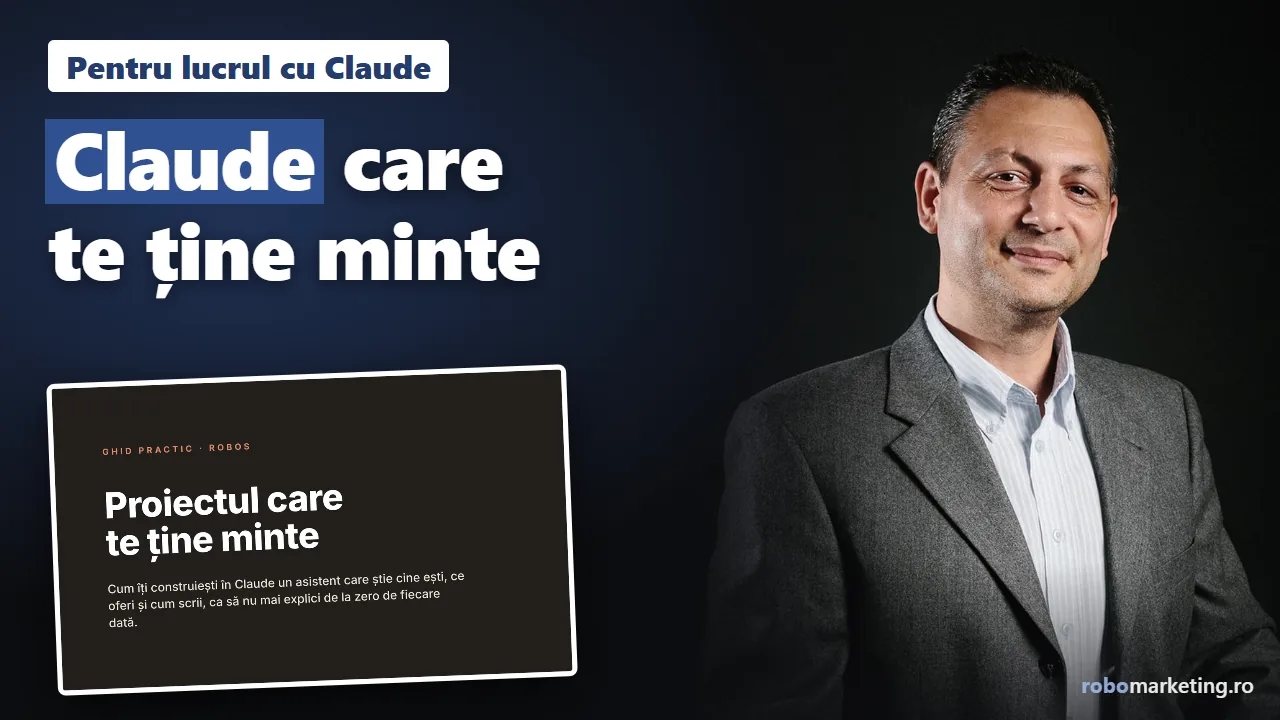 Adrian Ulmeanu lângă o pagină din ghidul PDF Proiectul care te ține minte, cu textul Claude care te ține minte