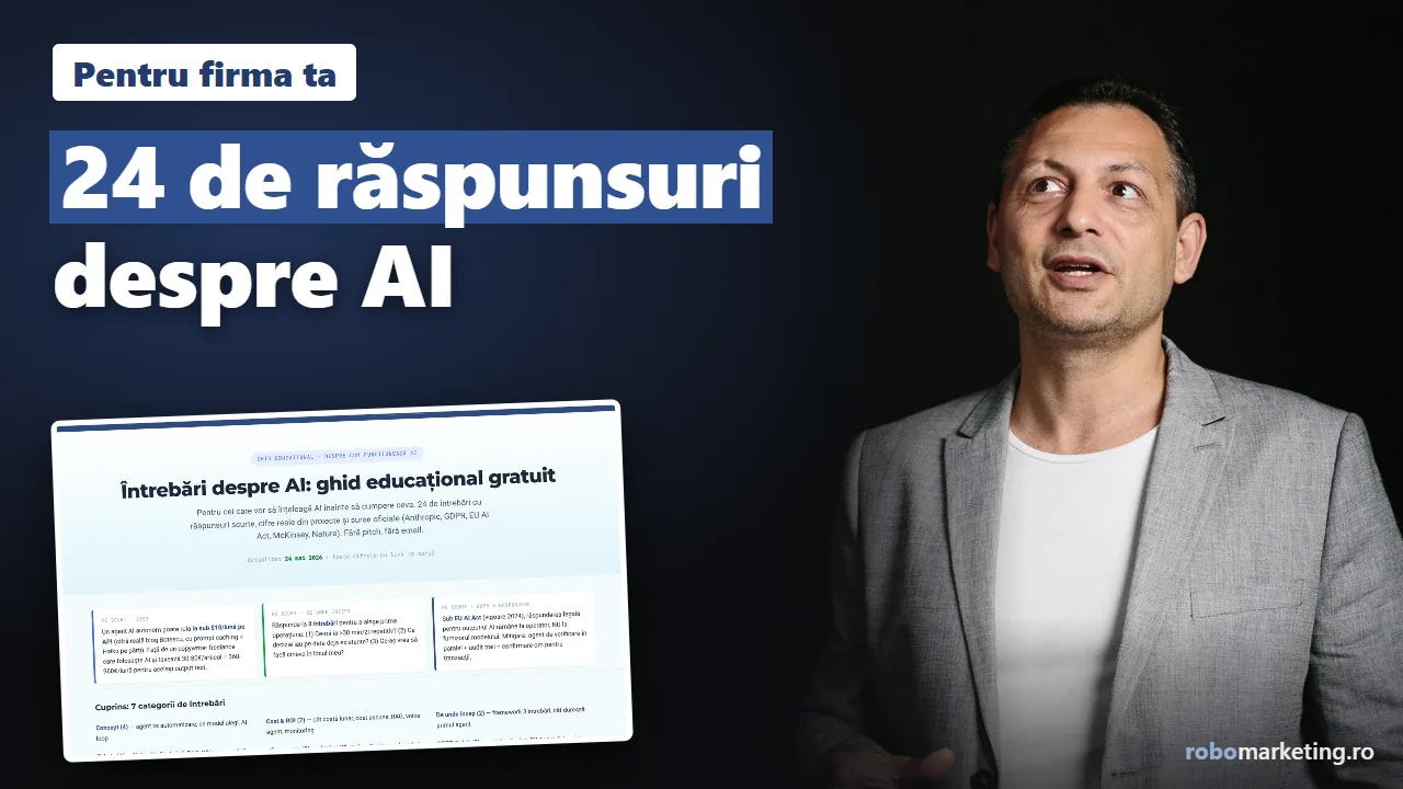 Adrian Ulmeanu lângă o captură din pagina Întrebări despre AI, cu textul 24 de răspunsuri despre AI