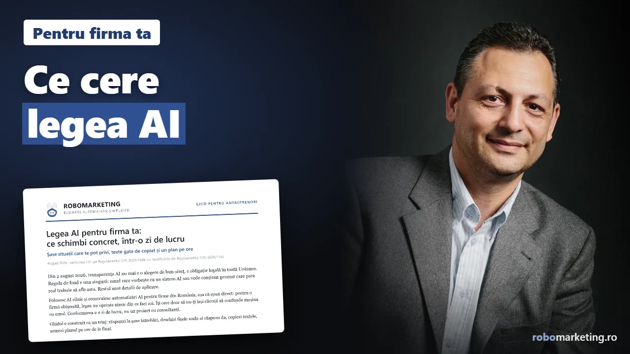 Adrian Ulmeanu lângă o pagină din ghidul PDF Legea AI pentru firma ta, cu textul Ce cere legea AI