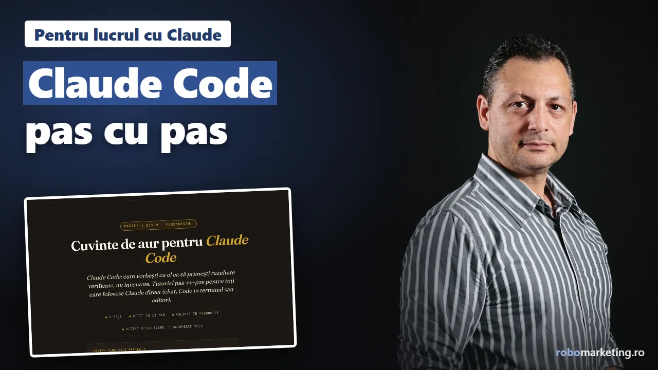 Adrian Ulmeanu lângă o captură din tutorialul Claude Code în română, cu textul Claude Code, pas cu pas