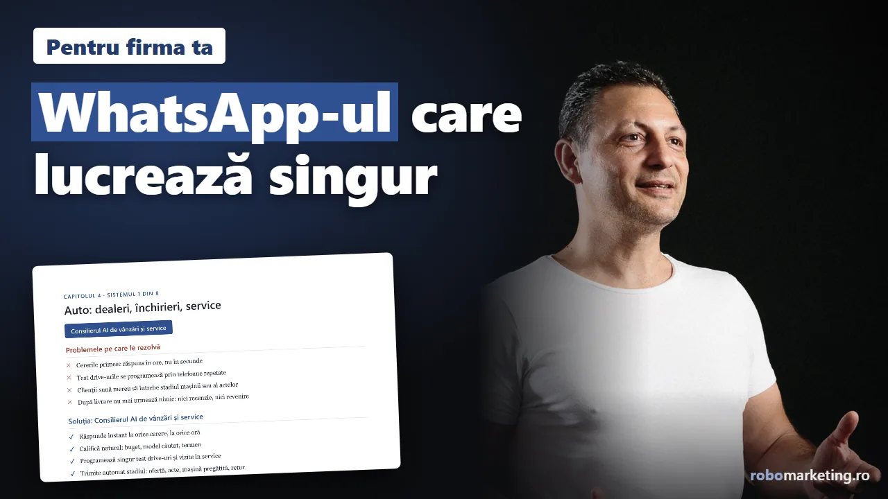Adrian Ulmeanu lângă o pagină din ghidul PDF de automatizare WhatsApp, cu textul WhatsApp-ul care lucrează singur